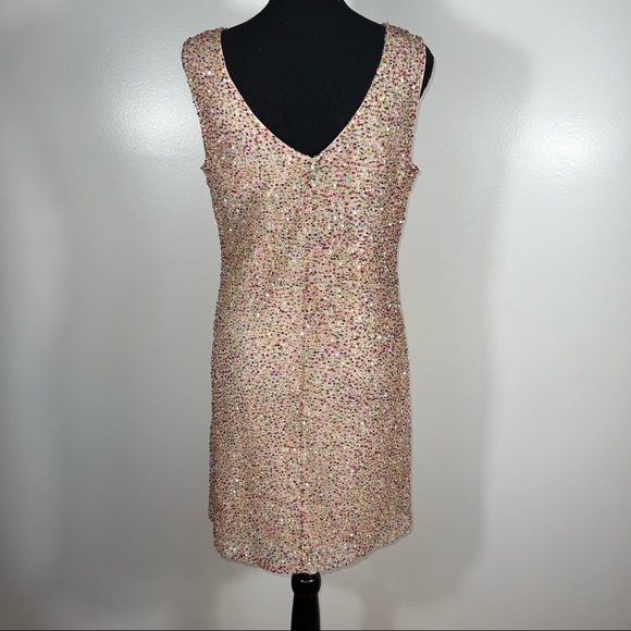 Romeo & Juliet Couture, Rainbow Sparkle Beaded, Cream, Scoop Neck Dress Size M - Picture 5 of 14